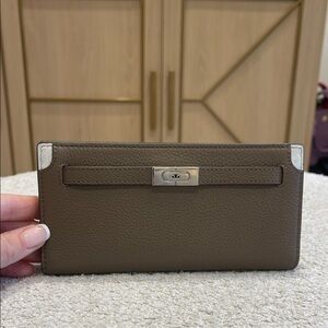 Tory Burch Taupe Brown Leather Wallet with Silver Hardware